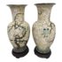 Mid 20th Century Porcelain Hand Painted Vases + Wood Bases - a Pair