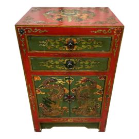 Late 20th Century Asian Red + Green Dragon Wood Cabinet Nightstand