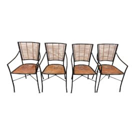 Late 20th Century Rattan + Black Metal Arm Chairs, a Set of Four