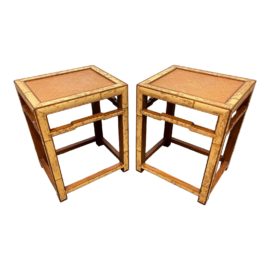 Mid 20th Century Bamboo + Wicker Stools, a Pair