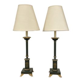 Mid 20th Century Green + Gold Footed Pillar Table Lamps, a Pair