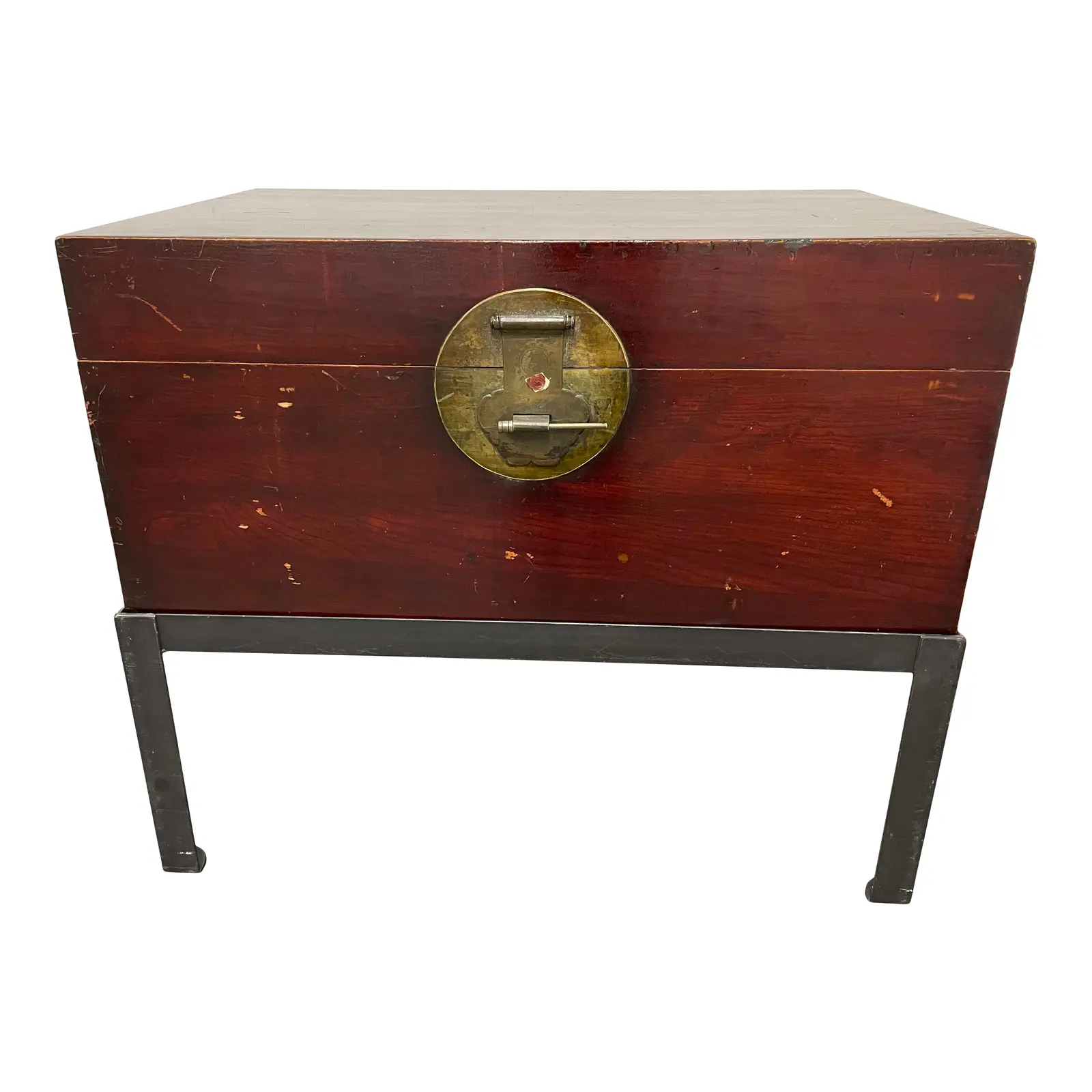 Mid 20th Century Asian Wooden Trunk + Iron Stand