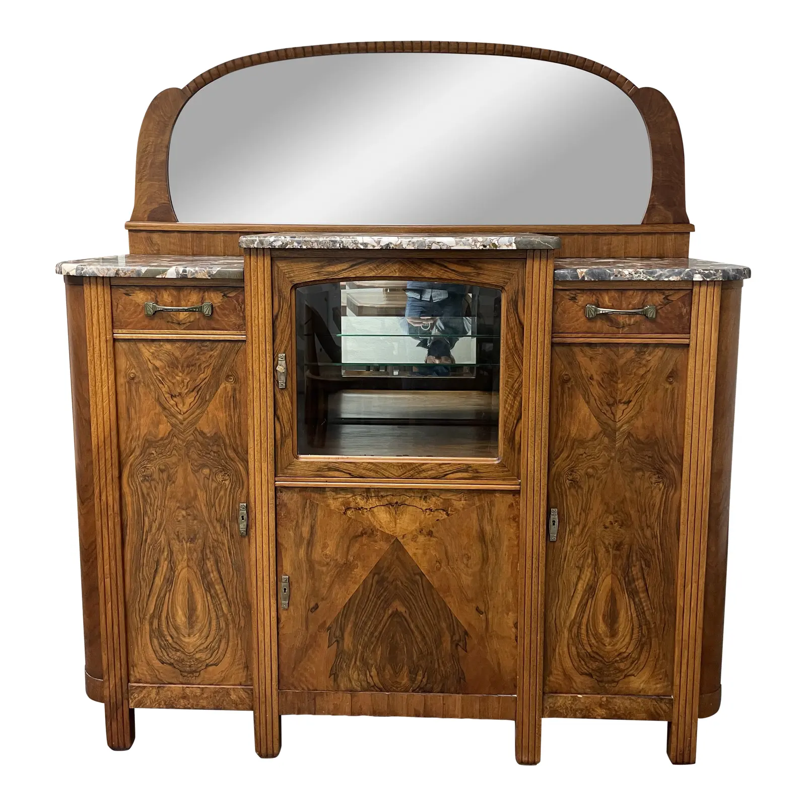 Walnut Marble Top Display Hutch