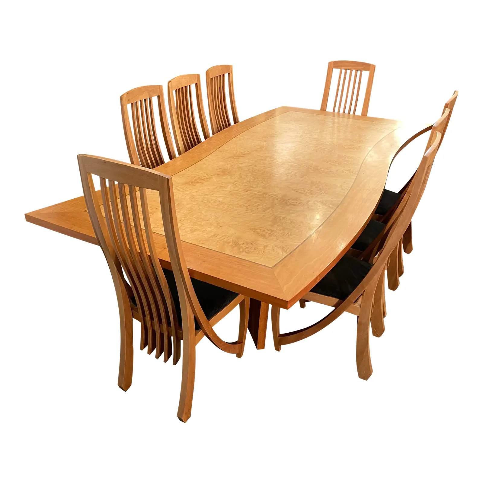 berkeley-mills-custom-x-large-wave-burled-maple-inlay-dining-table-eight-chairs-set-7921