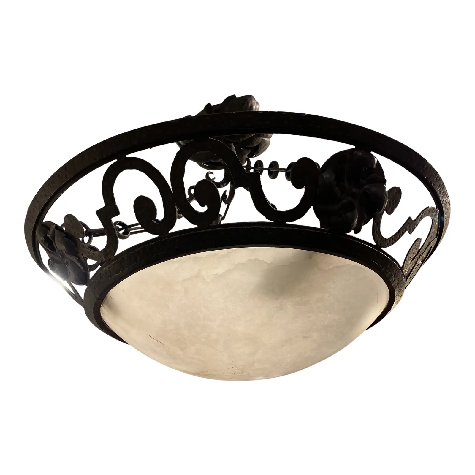 Paul Ferrante Wrought Iron + Alabaster Dome Flush Pendant