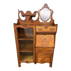 Early 20th Century Tiger Flame Oak Secretary + Glass Cabinet