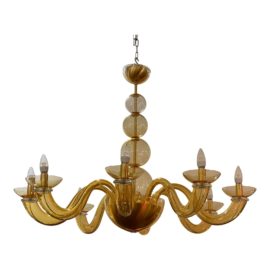 Venini & Co Gio Ponti Custom Contemporary Gold Murano + Brass Eight Light Chandelier. Original Price: $15,820