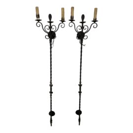 Mid 20th Century Wrought Iron Torchiere Wall Sconces - a Pair