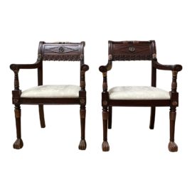 Empire Style Brass + Gold Gilt Wood Arm Chairs - a Pair