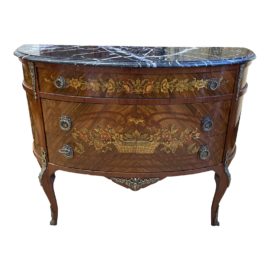 Mid 20th Century French Floral Marquetry Marble Top Demi Lune Sideboard