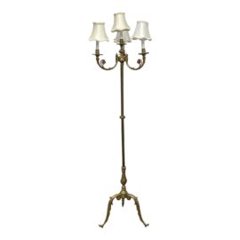 Mid 20th Century French Provincial Brass + Shade Four Light Floor Lamp