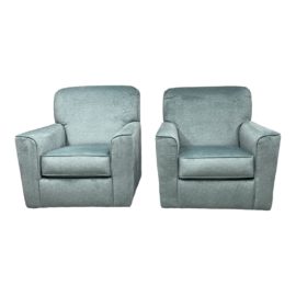 Early 21st Century Custom Design Deco Pattern Teal Velvet Swivel Chairs - a Pair