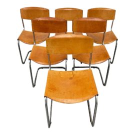 Mid 20th Century Italian Leather + Cantilevered Chrome Dining Chairs- Set of Six