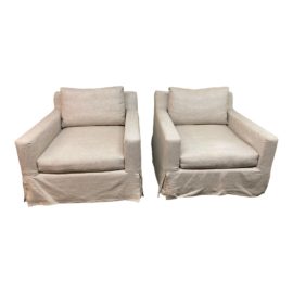 Restoration Hardware Belgian Track Arm Swivel Arm Chairs With Linen Slipcovers, a Pair. Original Price: $7,190