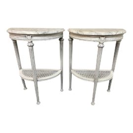 1980's Late 20th Century Demilune Faux Marble + Caning Demilune Tables, a Pair