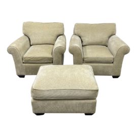 Late 20th Century Donghia Drago Style Custom Tan Down Filled Traditional Lounge Chairs + Ottoman S