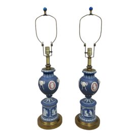Late 20th Wedgwood Blue + Rose Wedgwood Table Lamps - a Pair