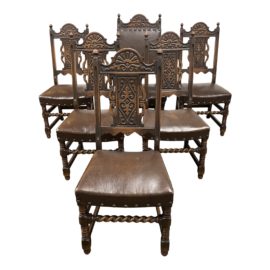 Late 20th Century Spanish Revival Wood + Vinyl Dining Chairs - Set of Six