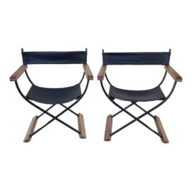 1960's Custom Wrought Iron + Leather Directors Arm Chairs, a Pair