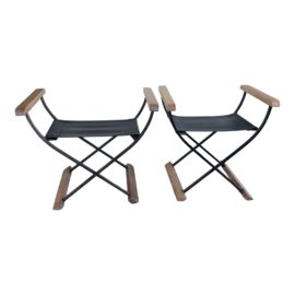 1960's Custom Wrought Iron + Leather Directors Chairs, a Pair