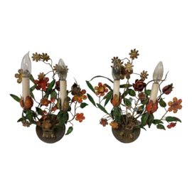 Mid 20th Century Hand Painted Metal Floral Two Light Sconces - a Pair