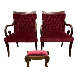 Vintage Red Velvet Tufted Back Scroll Arm Chairs + Ottoman