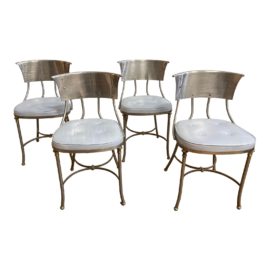 Neoclassical Steel Brass + Leather Side Chairs - Set of Four