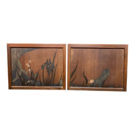 Mid 20th Century Asian Hand-Painted Iris Diptych Paintings