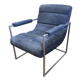 Post Modern Milo Baughman Style Blue Suede Arm Chair