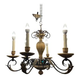 Rustic European Wood + Wrought Iron Six Arm Chandelier