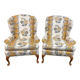 Pierre Deux Floral Wingback Chairs, a Pair. Original Price: $2,100