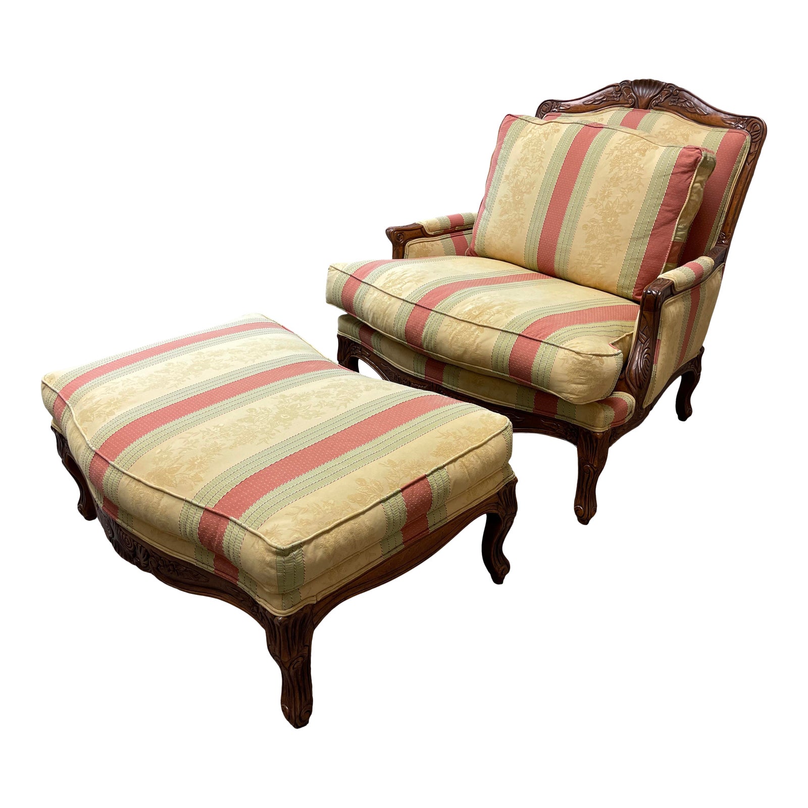 Ethan Allen Large Bergere Striped Chair + Ottoman - Design