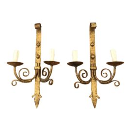 Late 20th Century Rustic European Gold Gilt Iron Double Candelabra Sconces - a Pair