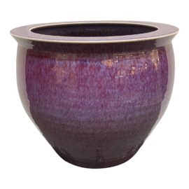 Late 20th Century Asian Ceramic Pot + Carved Wood Stand