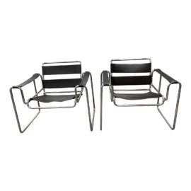 Late 20th Century Mercel Breuer Wassily Style Black + Chrome Chair - a Pair