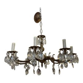 Early 20th Century Brass Molded + Crystal Empire Style Chandelier