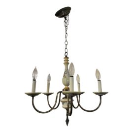 Mid 20th Century Shabby Chic Porcelain + Brass Chandelier