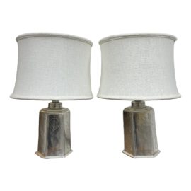 Asian Style Etched Flora Pewter Table Lamps - a Pair