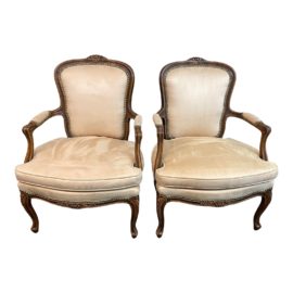 Custom Bergere Cream Suede Arm Chairs - a Pair. Original Price: $2,500