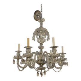 Mid 20th Century Cut Crystal + Glass Florentine Six Arm Chandelier