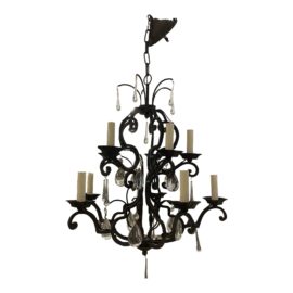 Paul Ferrante Wrought Iron Tear Drop Glass Curved Chandelier