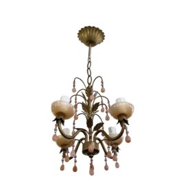 Early 20th Century French Deco Pink Stone + Bronze Wrought Iron Petite Chandelier. Original Price: $600