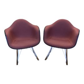 Herman Miller Eames Maroon Fabric + Walnut Runner Rocker Chairs - a Pair. Original Price: $1,990