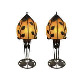 Artisan Hand Blown Glass + Iron Work Table Lamps - a Pair