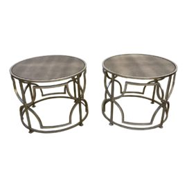 Hollywood Regency Metal End Tables + Antique Mirrored Top - a Pair