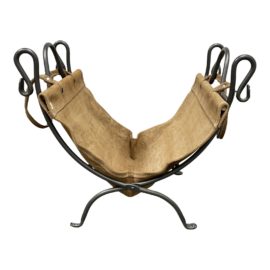 1990s Leather Suede & Wrought Iron Firewood Holder
