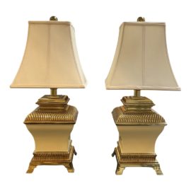 Late 20th Century Hollywood Regency Beige Enamel + Polished Brass Urn Table Lamps - a Pair