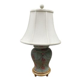 Late 20th Century Traditional Turquoise + Rose Tassel Embossed Porcelain Table Lamp