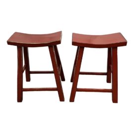 Early 21st Century Asian Influenced Red Lacquered Counter Stools - a Pair