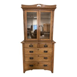 Mid 20th Century Shabby Chic Queen Anne Style Oak + Glass Hutch